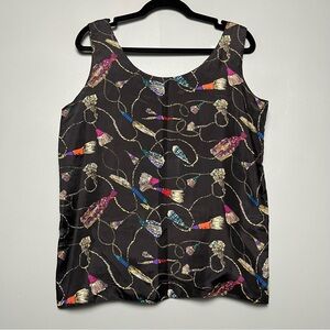 Vintage 90’s 100% Silk Sleeveless Tank Black Jewelry Tassel Print Women’s Size M
